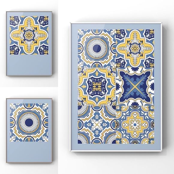 Moroccan Tribal Trendy Tile Blue yellow Poster Wall Art set of four Art Print - Picture 1 of 12